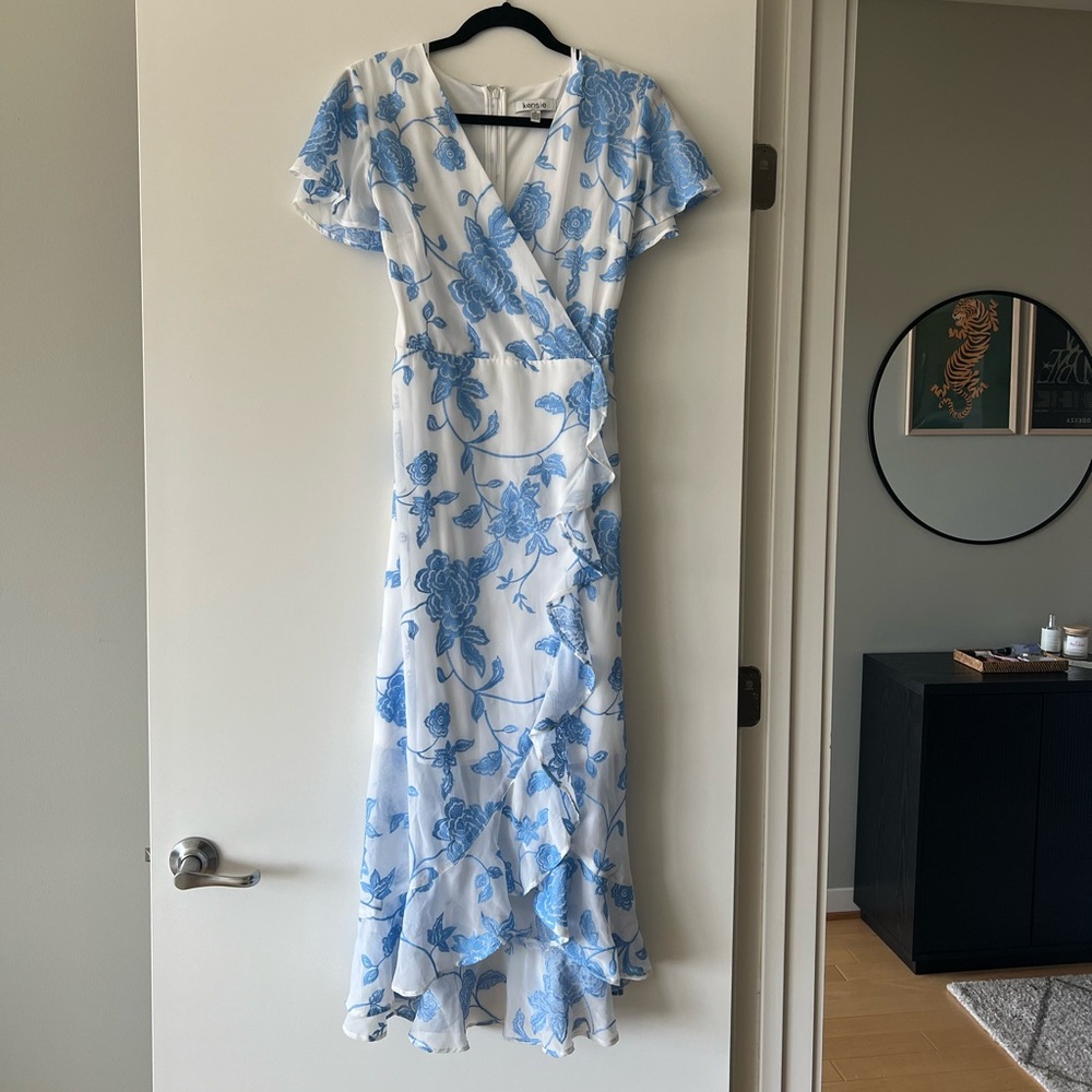 Kensie blue and white floral embroidered flowy high low dress